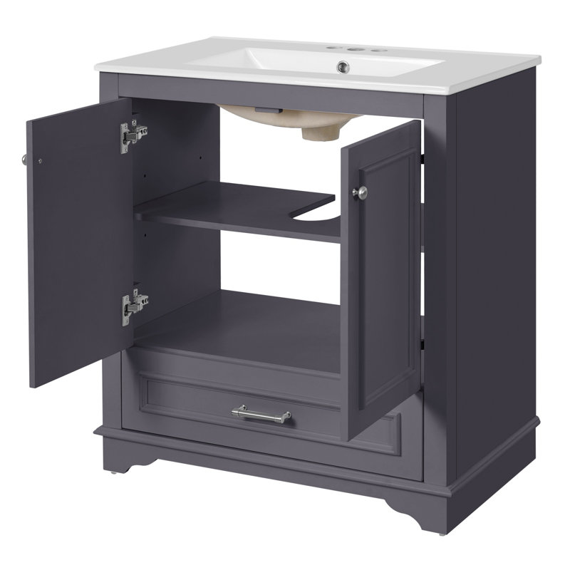 30" Single Bathroom Vanity In Ceramic Sink Without Mirror, Blue