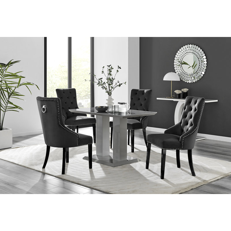 Edzard Modern Double Pedestal High Gloss Dining Table Set with 4 Luxury Velvet Dining Chairs, Grey, Black/Black