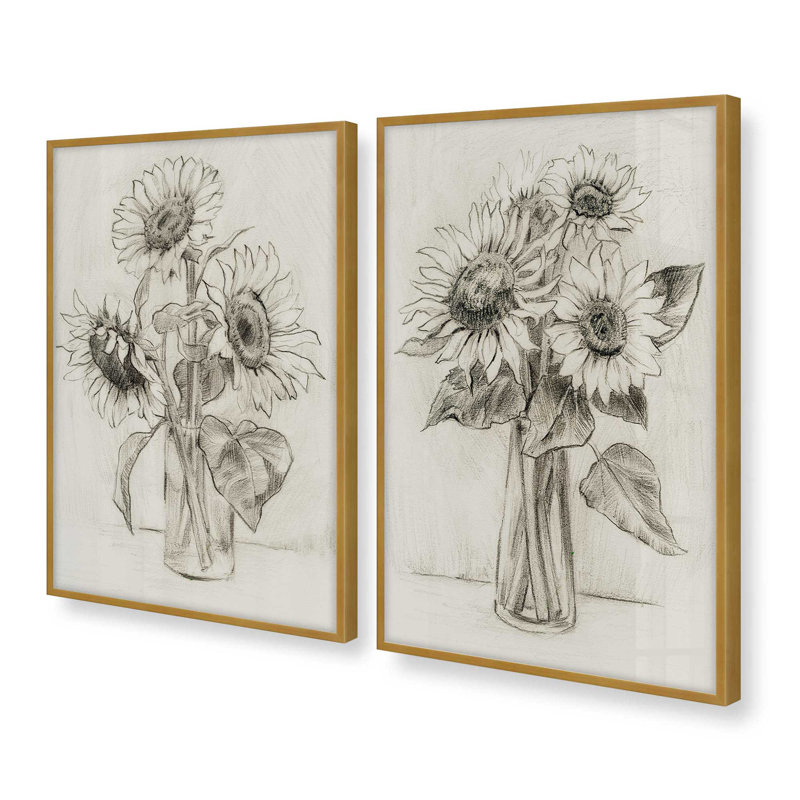 «Happy Sunflower Sketches», ensemble de 2 impressions, 36 po x 24 po, Impression encadrée, Polished Gold