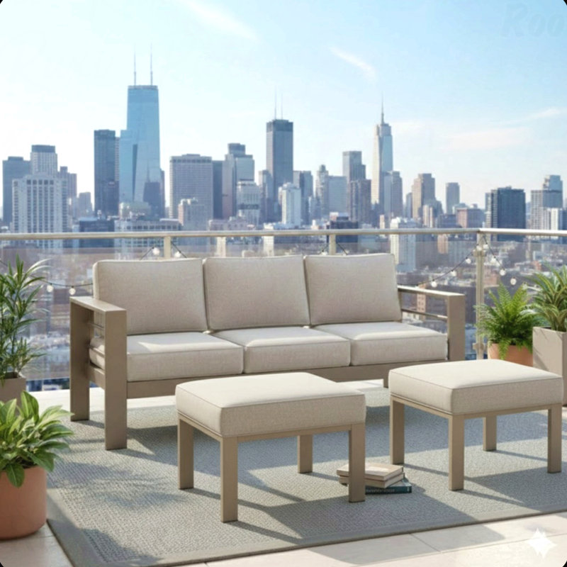 Set Of 2,  22” All-Weather Metal Patio Ottomans Thick Beige Cushions & Khaki Frame, Light Khaki