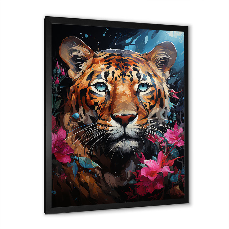 Portrait pop art d'un jaguar, Cadre simple noir, H 32 po x l 24 po x P 1 po