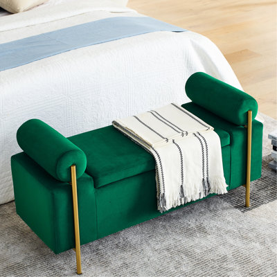 Banc de rangement en velours avec accoudoirs cylindriques et pieds en fer