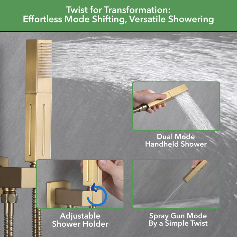 Brushed Gold Wall Mounted Shower System with Push Button Diverter