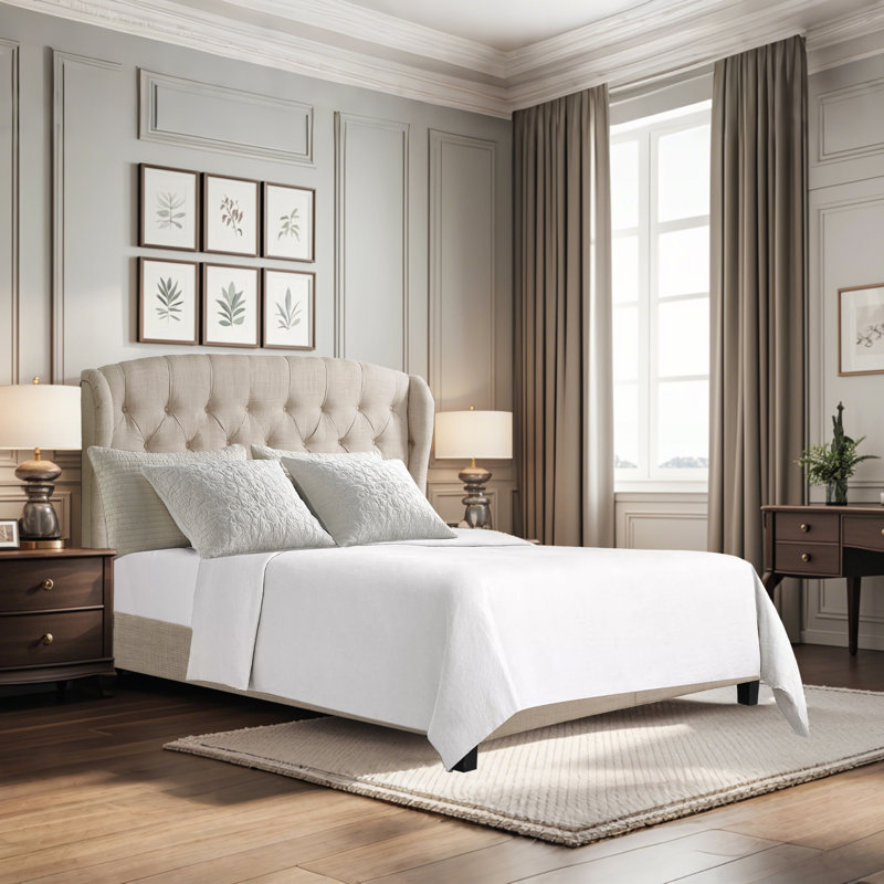 Virginia Upholstered Platform Bed Frame Bed with Button Tufted, Full XL, Beige