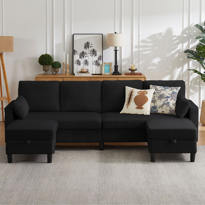 100.79" Corduroy Large U Shaped Sofa With 2 Storage Ottomans, Black Corduroy