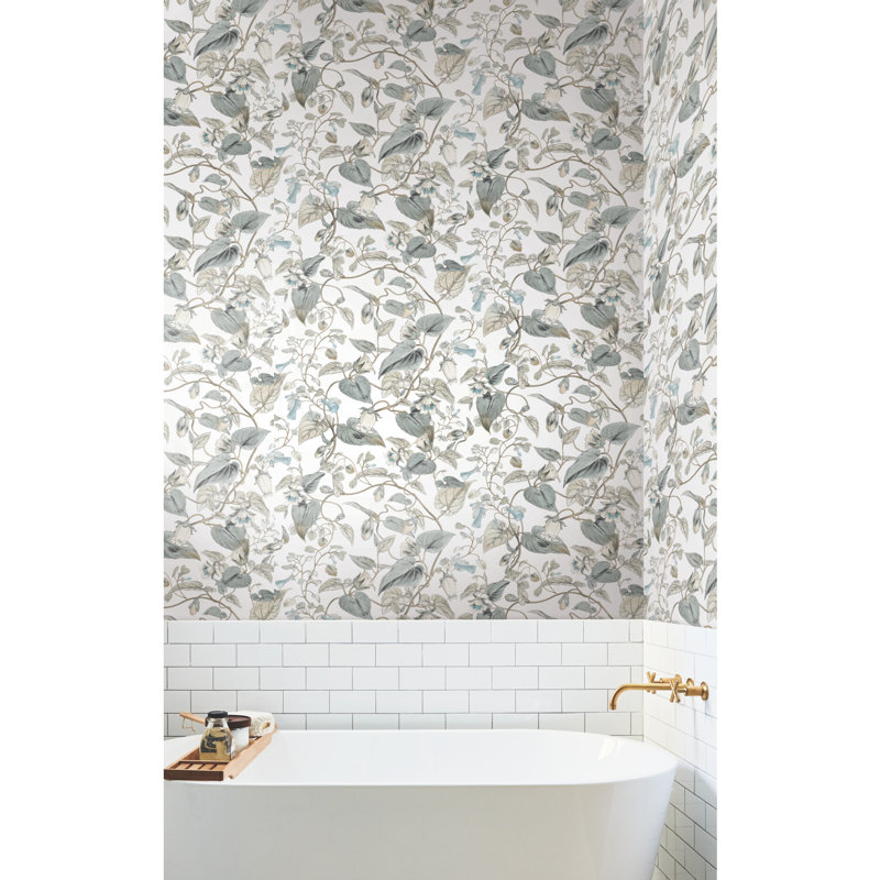 Amuel 33' L x 20.5" W Wallpaper Roll, White/Blue