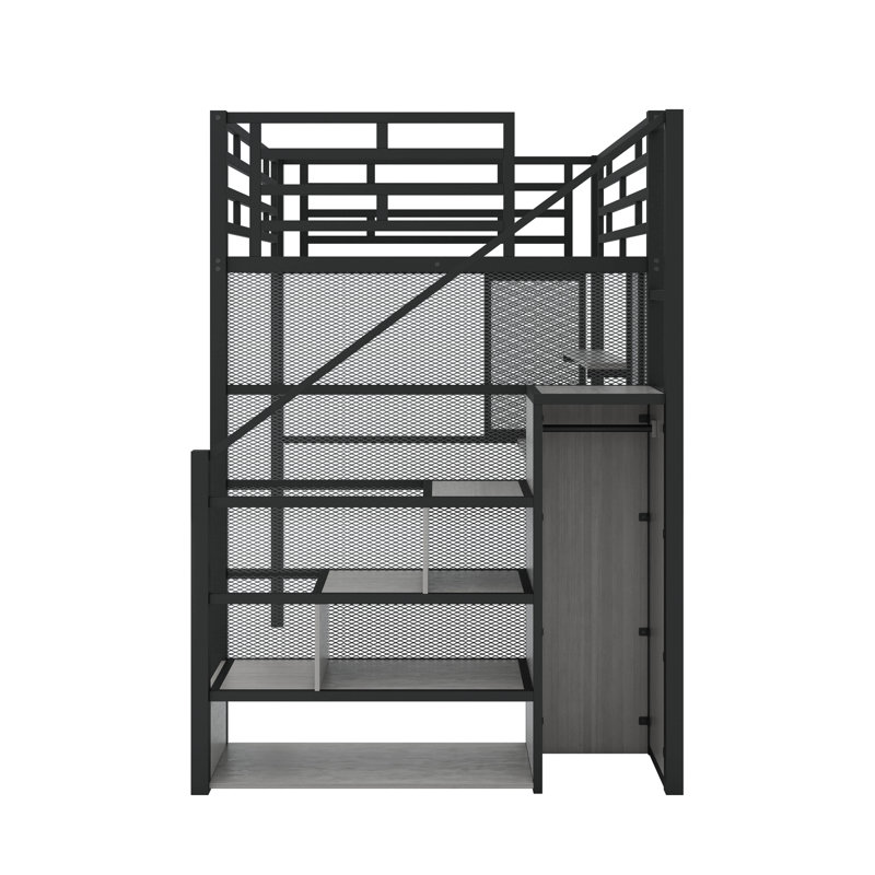 Lit mezzanine double en métal avec garde-robe, bureau et tablettes de rangement, Noir