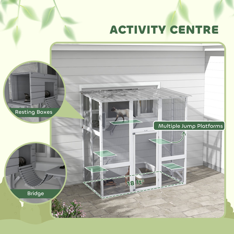 White Wooden Outdoor Cat House with Platforms and Bridge