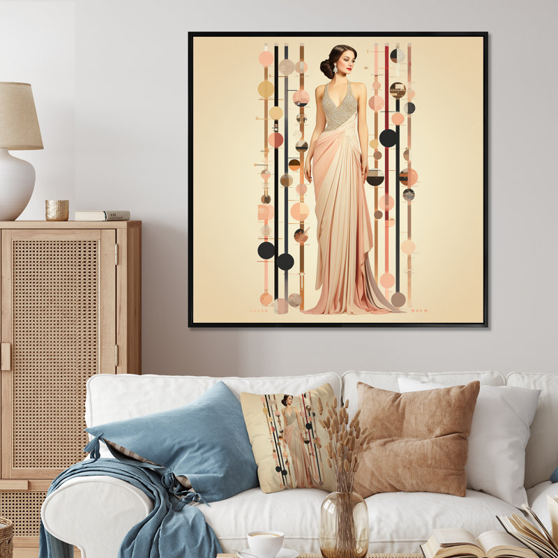Art nouveau, impression élégante en rose et beige, H 16 po x l 16 po, Cadre flottant noir