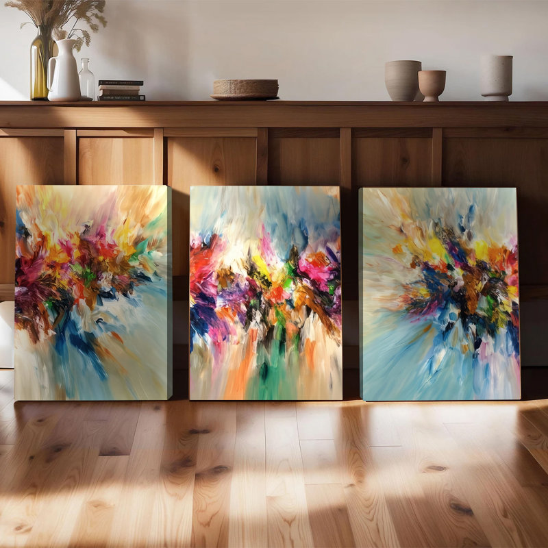 Ensemble de 3 affiches encadrées, art mural abstrait et coloré sur toile, peinture abstraite moderne, 3 œuvres d'art vibrantes aux coups de pinceau pour salon, chambre, bureau, décoration intérieure contemporaine.