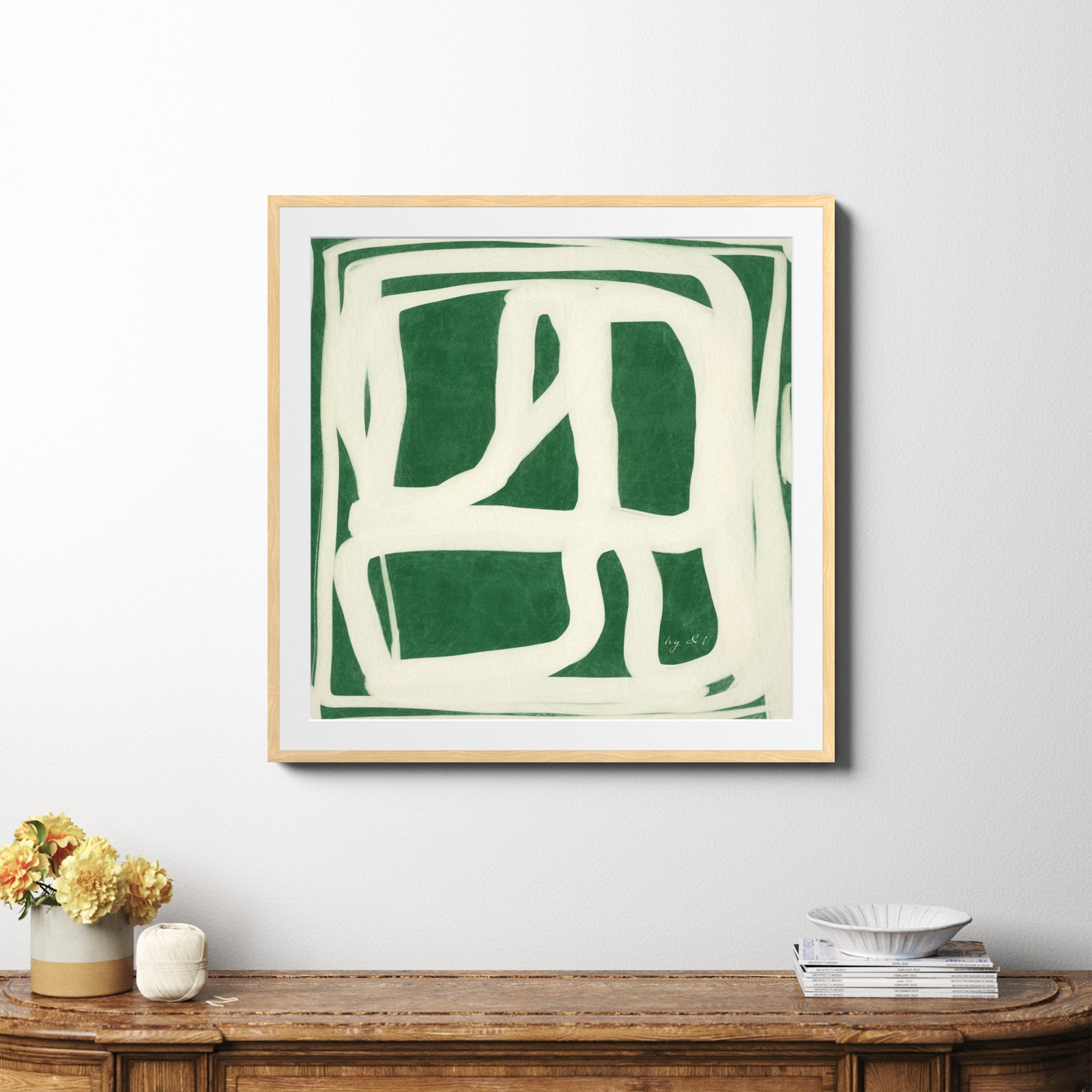 Green White Movement by Ivy&I, Yes, Natural Framed Paper, 36" H x 36" W x 0.75" D