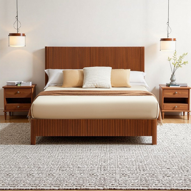 Queen Rustic Wood Corrugated Curved Platform Bed Frame - Walnut Finish, No Box Spring Needed, Walnut