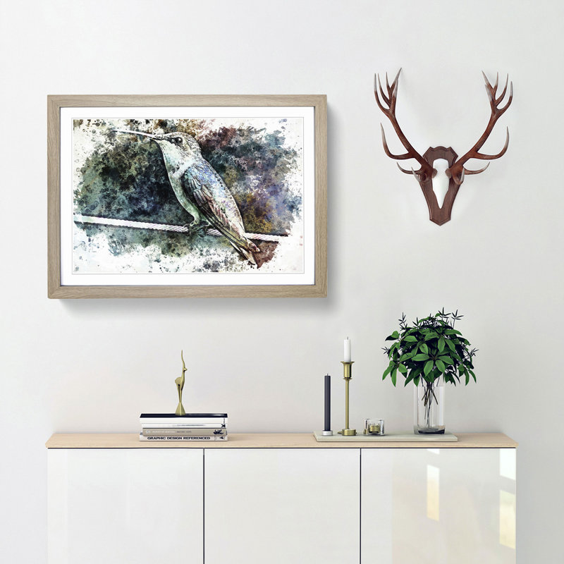 Hummingbird Bird on a Wire in Abstract - Picture Frame Painting Print, 27cm H x 36cm W x 2cm D, Oak Framed