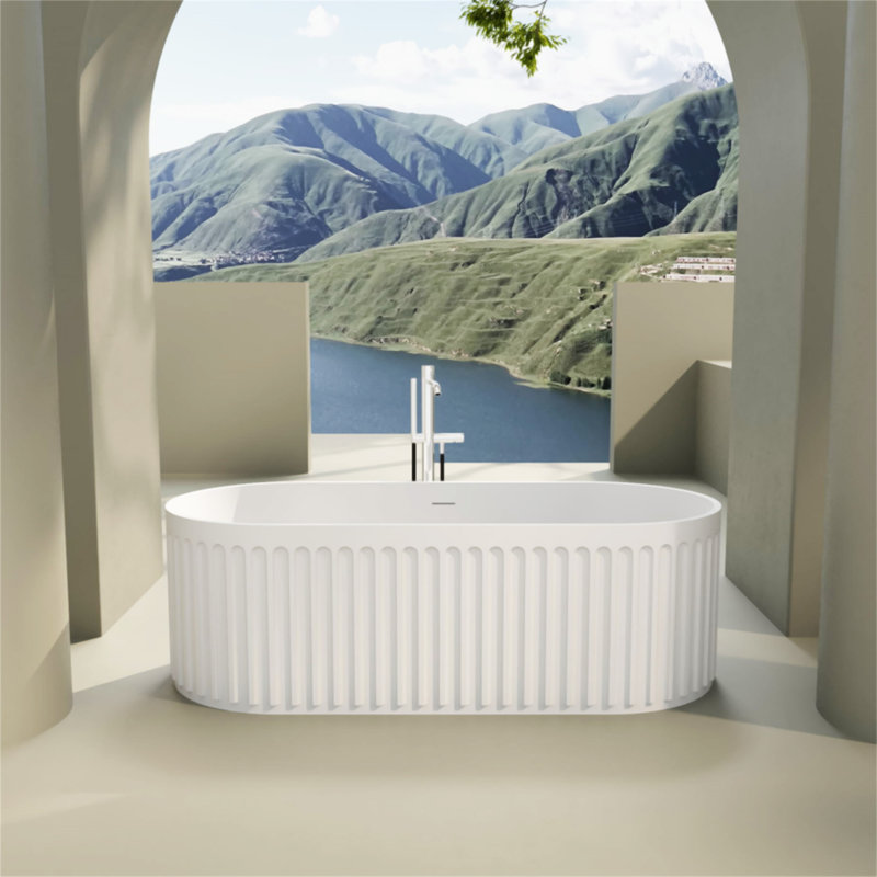 Baignoire de trempage autoportante de style colonne à surface solide avec trop-plein et drain