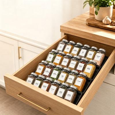 4 Tier Spice Drawer Organizer Tray Insert with 24 Spice Jars & 378 Minimalist White Spice Labels for Kitchen Drawers