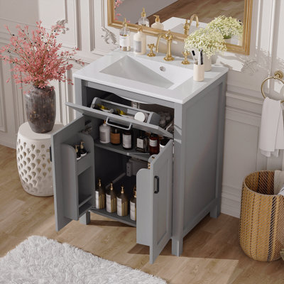 Ensemble de meuble-lavabo 24 po avec lavabo en céramique, meuble-lavabo compact l 24 po x P 18 po x H 34 po, 2 portes à fermeture en douceur