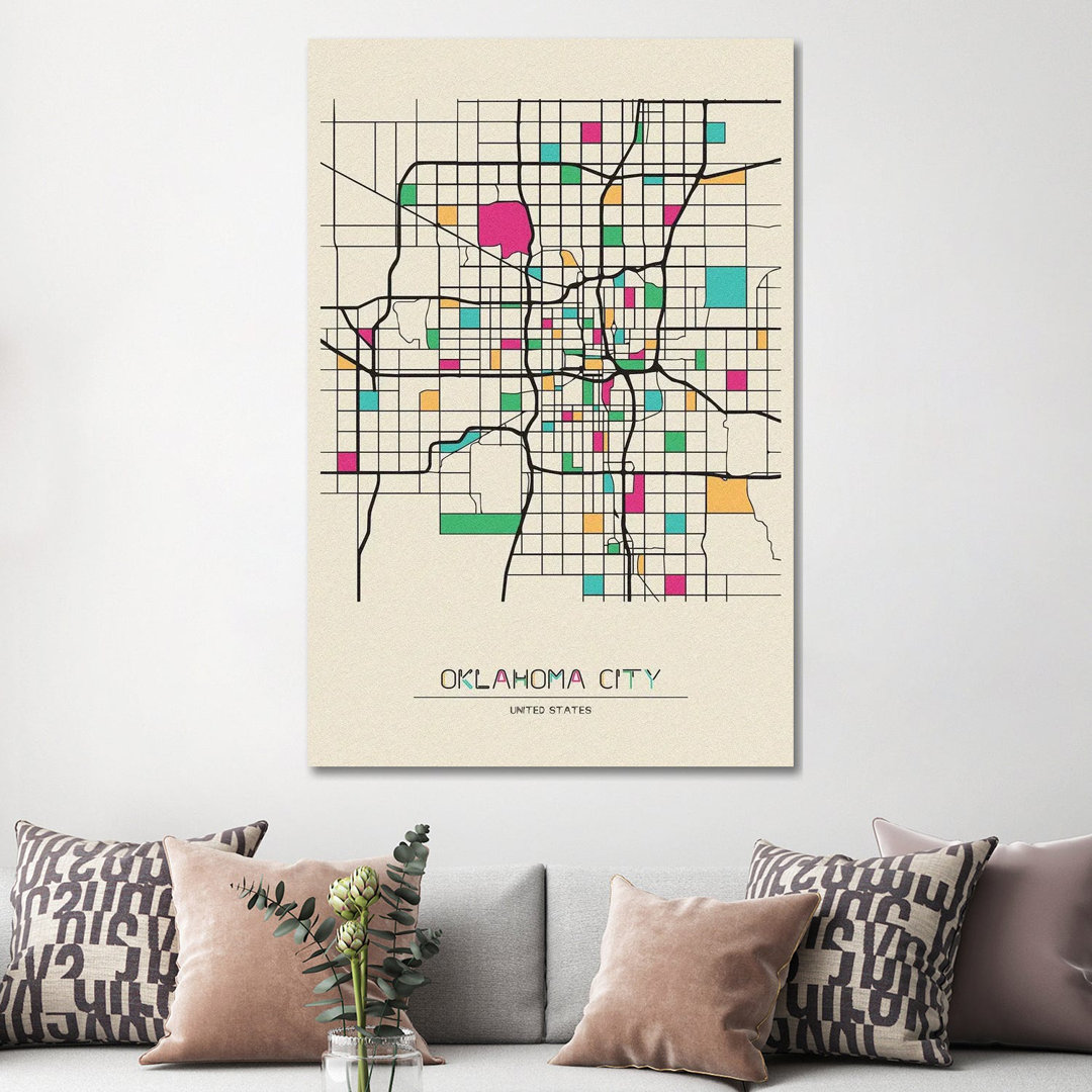 Oklahoma City, USA Map by Ayse Deniz Akerman - Wrapped Canvas Gallery-Wrapped Canvas Giclée East Urban Home 