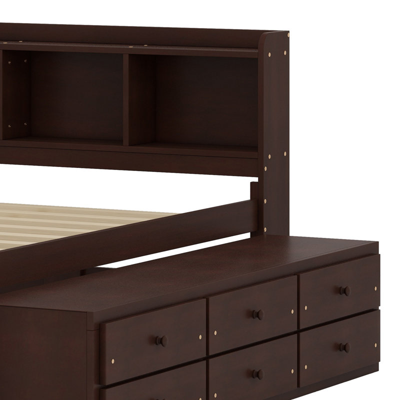 Lit avec tête de lit bibliothèque, tiroirs de rangement sous le lit et étui de rangement, Espresso