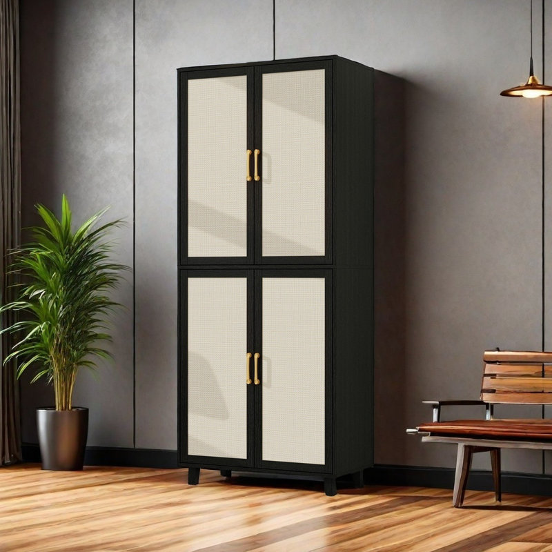 Armoire à 4 portes, avec 4 tablettes intérieures réglables, armoire de rangement, Noir/naturel