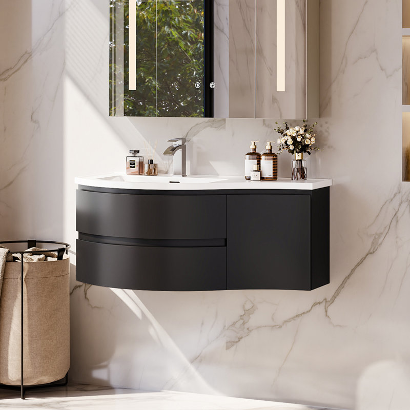 Meuble-lavabo mural incurvé noir de 35 po avec comptoir en résine de pierre, lavabo encastré et robinet monotrou, Gauche