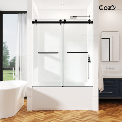 44-49" W x 60" H Frameless Double Sliding Tub Door with 3/8" (10mm) Clear Tempered Glass, Shatter-Resistant Film & Installation Hole Locator