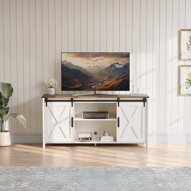 Tv Stand For Tvs Up To 70" with 2 Sliding Barn Doors and Built-In Charging Station, White