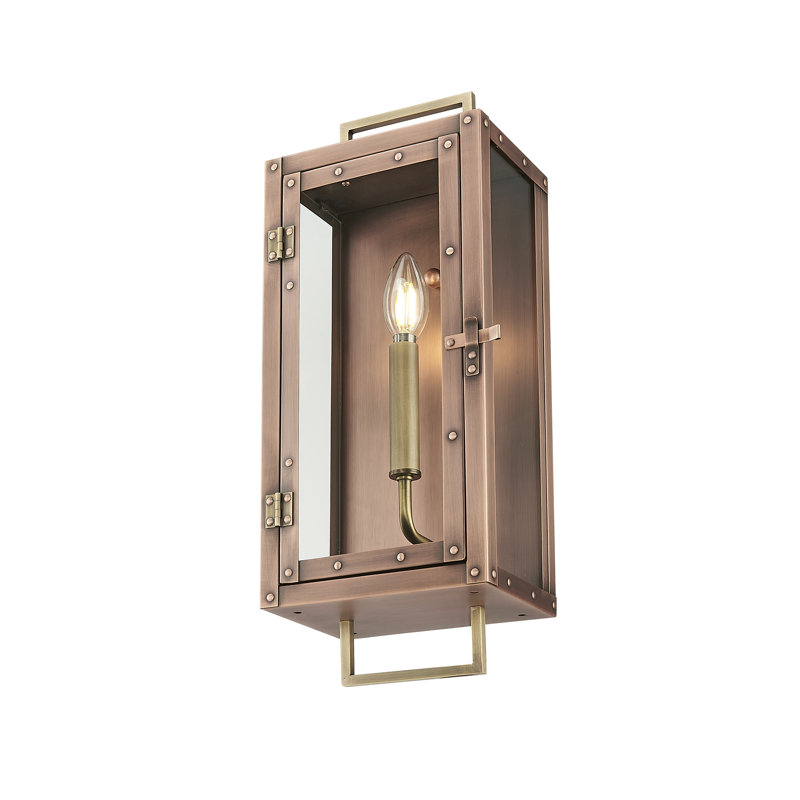 18 in. 1-Light Antique Copper With Brass Accents Outdoor Wall Lantern With Clear Glass Panes