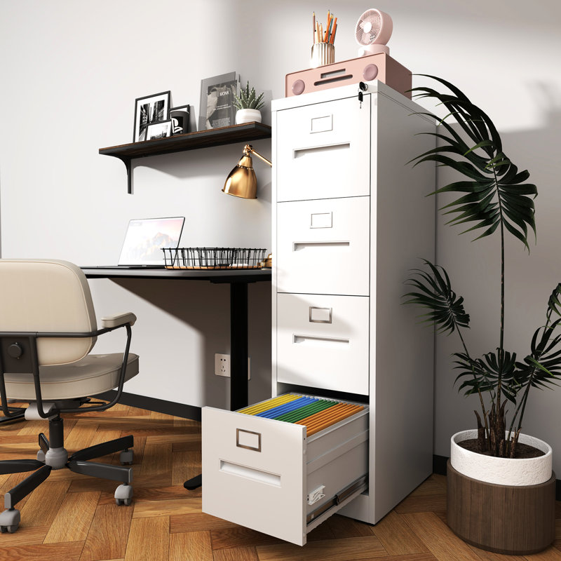Vertical File Cabinet With 4 Lockable Drawers, A4/legal/letter Storage, Steel, Smooth Surface, Noiseless Operation, White