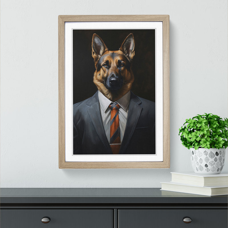 German Shepherd In A Suit Painting - Single Picture Frame Print on Wood, Oak, 46cm H x 34cm W x 2cm D