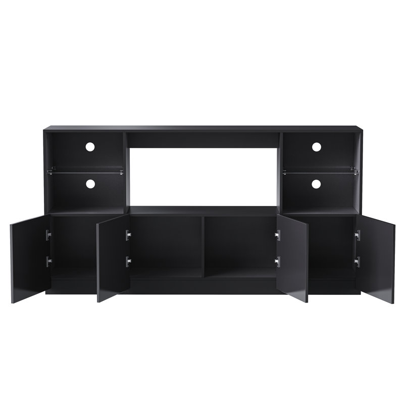 Meuble télé ultrabrillant avec lumières DEL, buffet moderne avec grand cabinet de rangement, console multimédia avec tablettes en verre trempé pour téléviseurs de 75 po ou moins, salon, blanc, l 67 po x P 13,7 po
