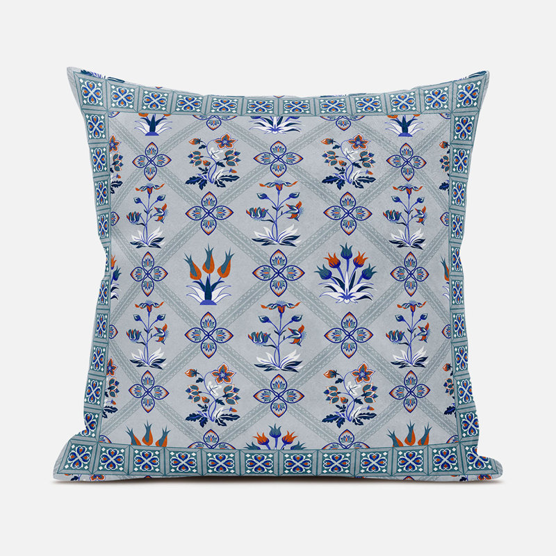 Indoor / Outdoor Floral Square Cushion, 46cm H x 46cm W, Grey/Orange/Green/White