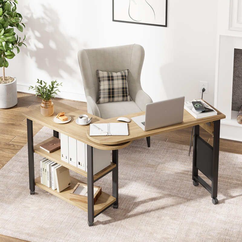 Table d'appoint pivotante à 360 ° avec station de charge, table de bout pivotante avec sac de rangement supplémentaire et 6 roues pivotantes verrouillables pour la chambre à coucher et le salon (couleur naturelle)