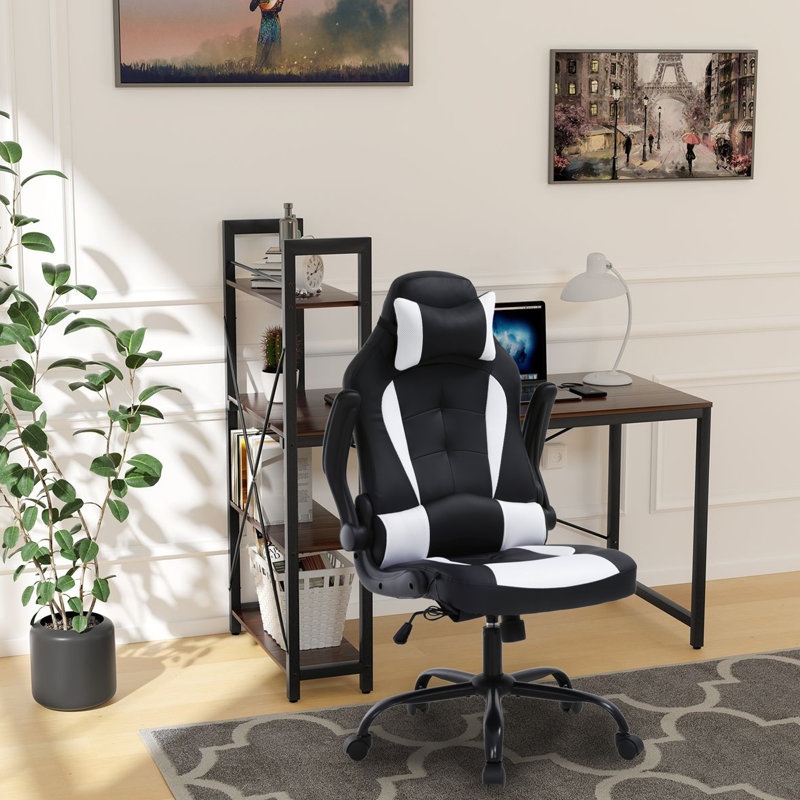 Latitude Run® Alaire Adjustable Ergonomic Faux Leather Swiveling PC & Racing Game Chair, White/Black