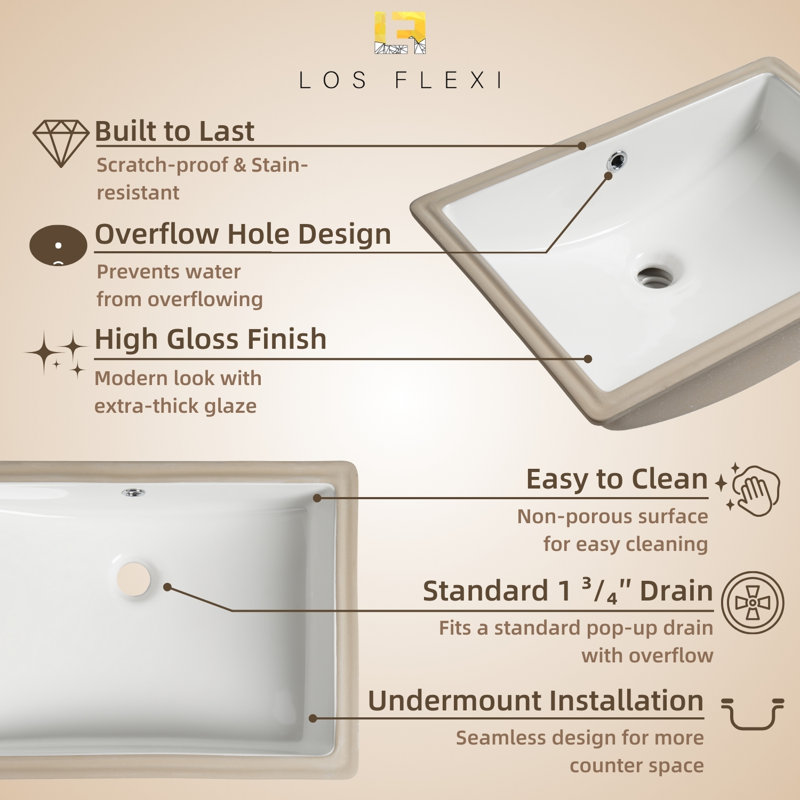 Los Flexi 22" x 16" Undermount Bathroom Sink Rectangular, White Ceramic Vanity Sink with Overflow
