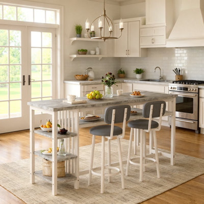 Bar Table Set For 2 With 4 Storage Shelves, 47" Industrial Breakfast Table And 2 Upholstered Counter Stools with Backrest & Footrest, Space Saving 3-Piece Dining Set of 2 for Kitchen, Living Room, Studio, Pub