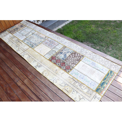 Beige Patchwork Runner Rug in Turkish Oushak Style for Kitchen - Antique Wool Boho Rug in Vibrant Colors and Classic Design