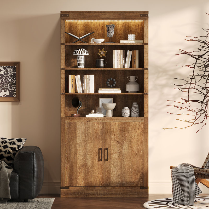 83"Tall Walnut Modern Farmhouse Bookshelf with LED Light & Adjustable Shelves