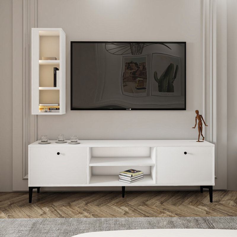 Modern White TV Unit, Scandinavian Design, 59.1 x 18.9 x 11.6 inches | 100% Melamine Coated Particle Board, Thickness: 0.7 inches | Stylish Storage Solution with 9.8 x 28.3 x 7.7 inches Shelf | Perfect for Living Room & Entertainment Spaces