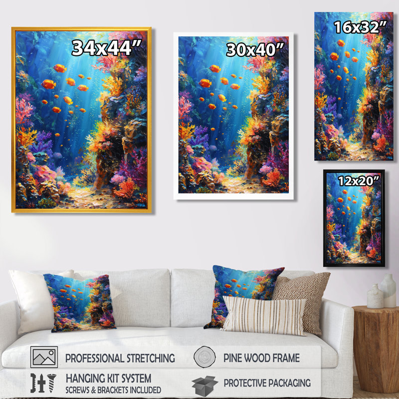 «Blue Orange Coral Marine Life II», impression d'art mural corail, H 12 po x l 20 po, Cadre simple noir, bois massif
