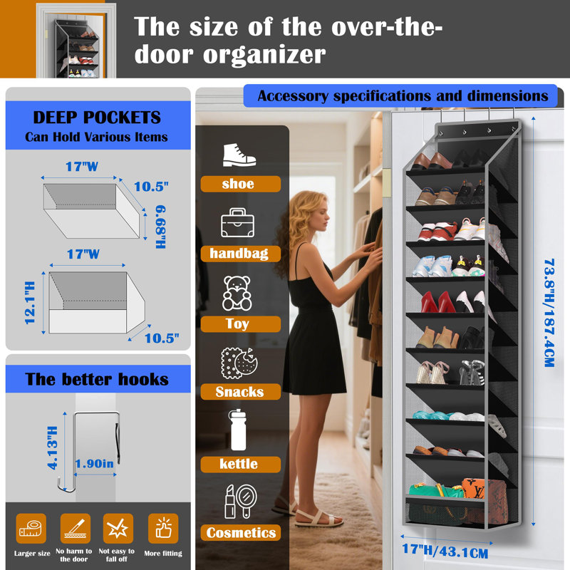 10-Pocket Over-the-Door Hanging Shoe Rack and Storage Rack, Black