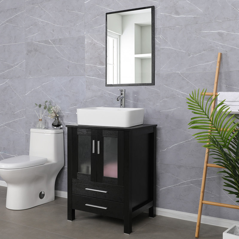  24" Single Bathroom Vanity Set with Manufactured Wood Top, Ceramic Sink, Water Saving Faucet, Black, Dark Espresso
