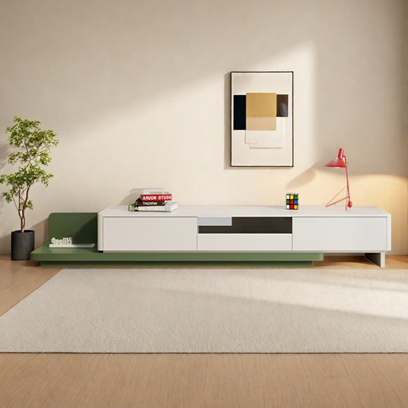 Meuble télé moderne en bois rétractable, H 11,81 po x L 78,74 po x l 15,75 po, Crème/vert