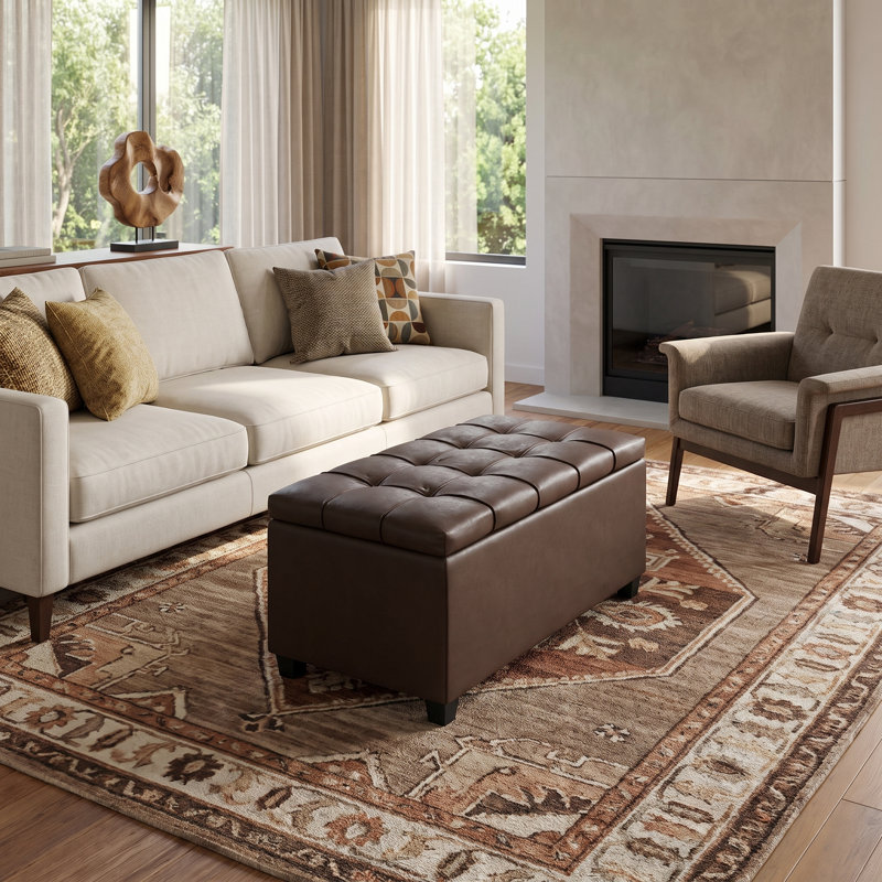 Sienna 33"W Upholstered Vegan Leather Transitional Rectangular Storage Ottoman Bench with Tufted Styling