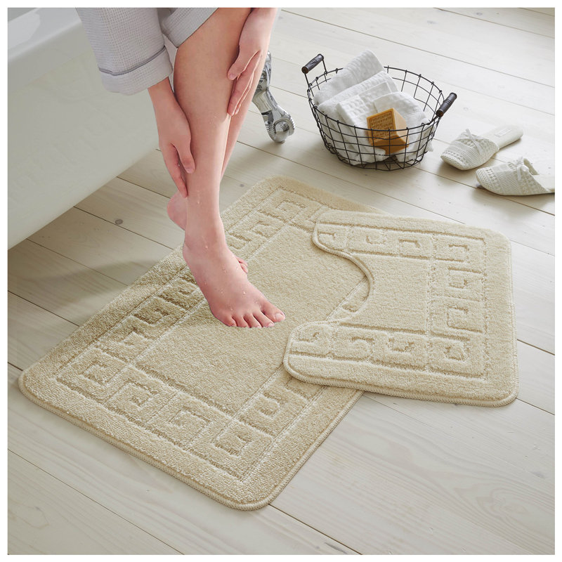 2 Piece Bathroom Rug Set Greek Key Pattern Bath Mat & Pedestal Mat Non Slip Rubber Back Soft Absorbent Mats, Cream