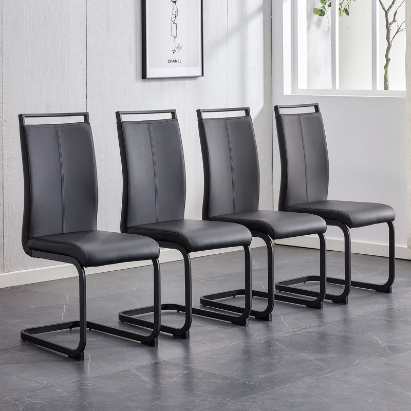 Rheese Modern Faux Leather Cantilever Dining Chairs with Metal Base and Top Handle, 4, Black, Black