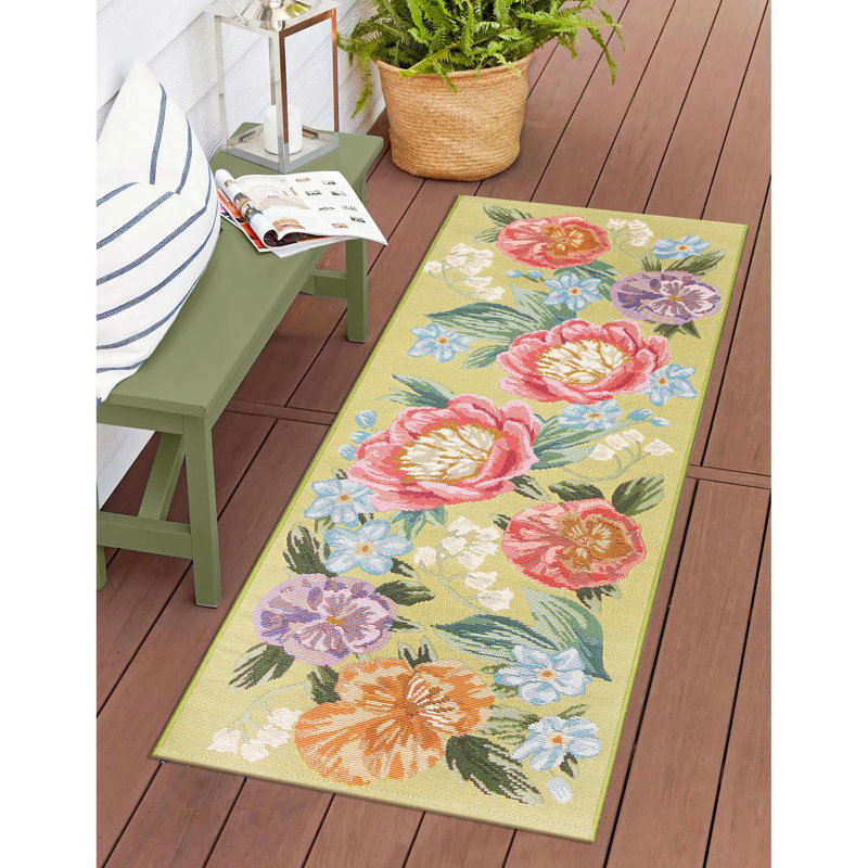 Andreane Floral Synthetic Non-Skid Kitchen Mat, Runner 1'9" x 4'9", Green
