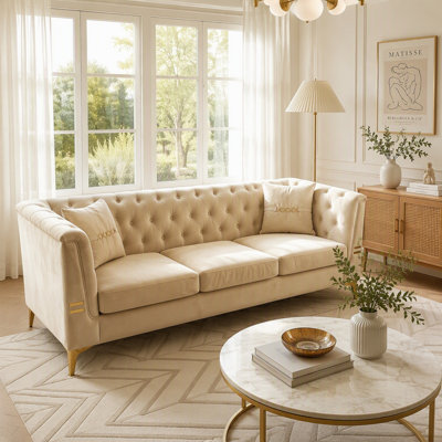 Luxurious Tufted Velvet 3-Seat Sofa with Matching Pillows, Chesterfield Design for Modern Elegance and Comfort
