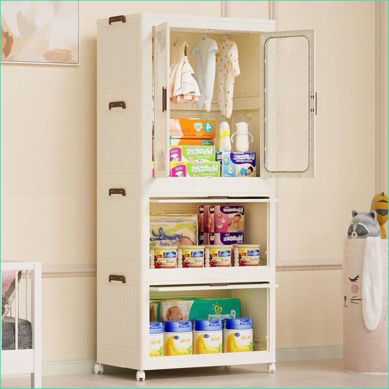 Organisateur de rangement portatif pour garde-robe avec 4 cubes, tringle, 10 cintres Portes magnétiques - Blanc neige | Minimaliste | Chambre à coucher
