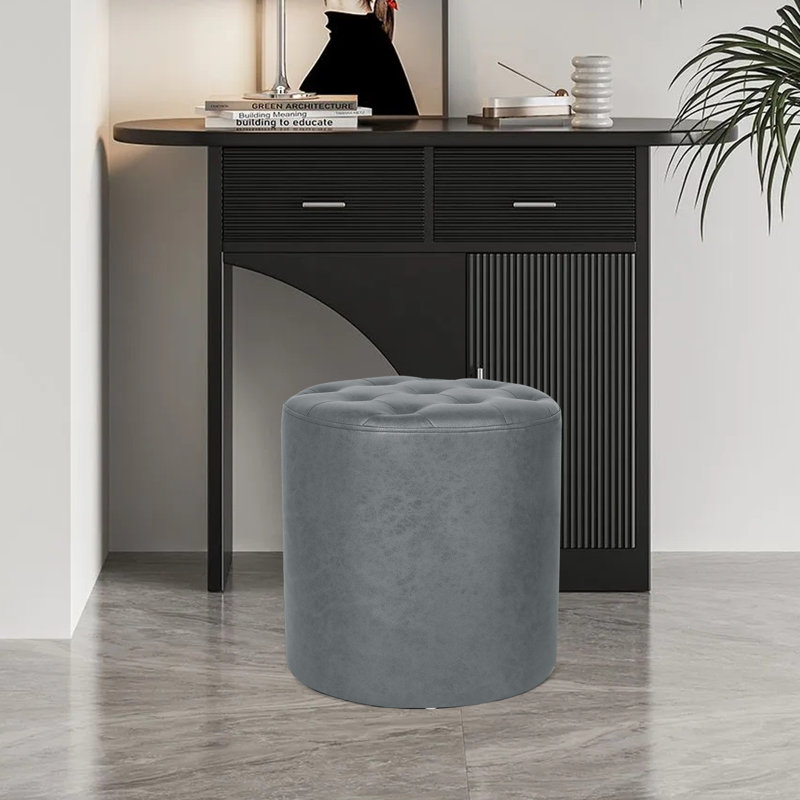 Rangi Tufted Round Standard Ottoman, Light Grey