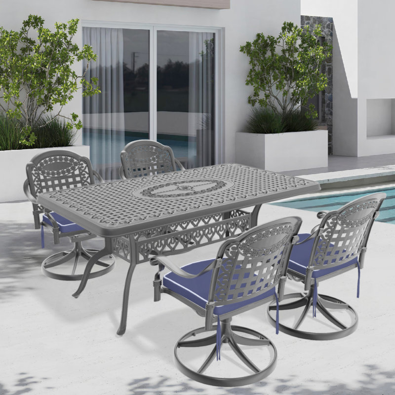 Ensemble de salle à manger 5 pièces en aluminium coulé résistant aux intempéries, comprenant 4 chaises pivotantes et une table rectangulaire avec cadre noir